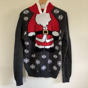 American Stitch Mens Sz L Ugly Christmas Sweater Santa Hooded Snowflake Red Gray